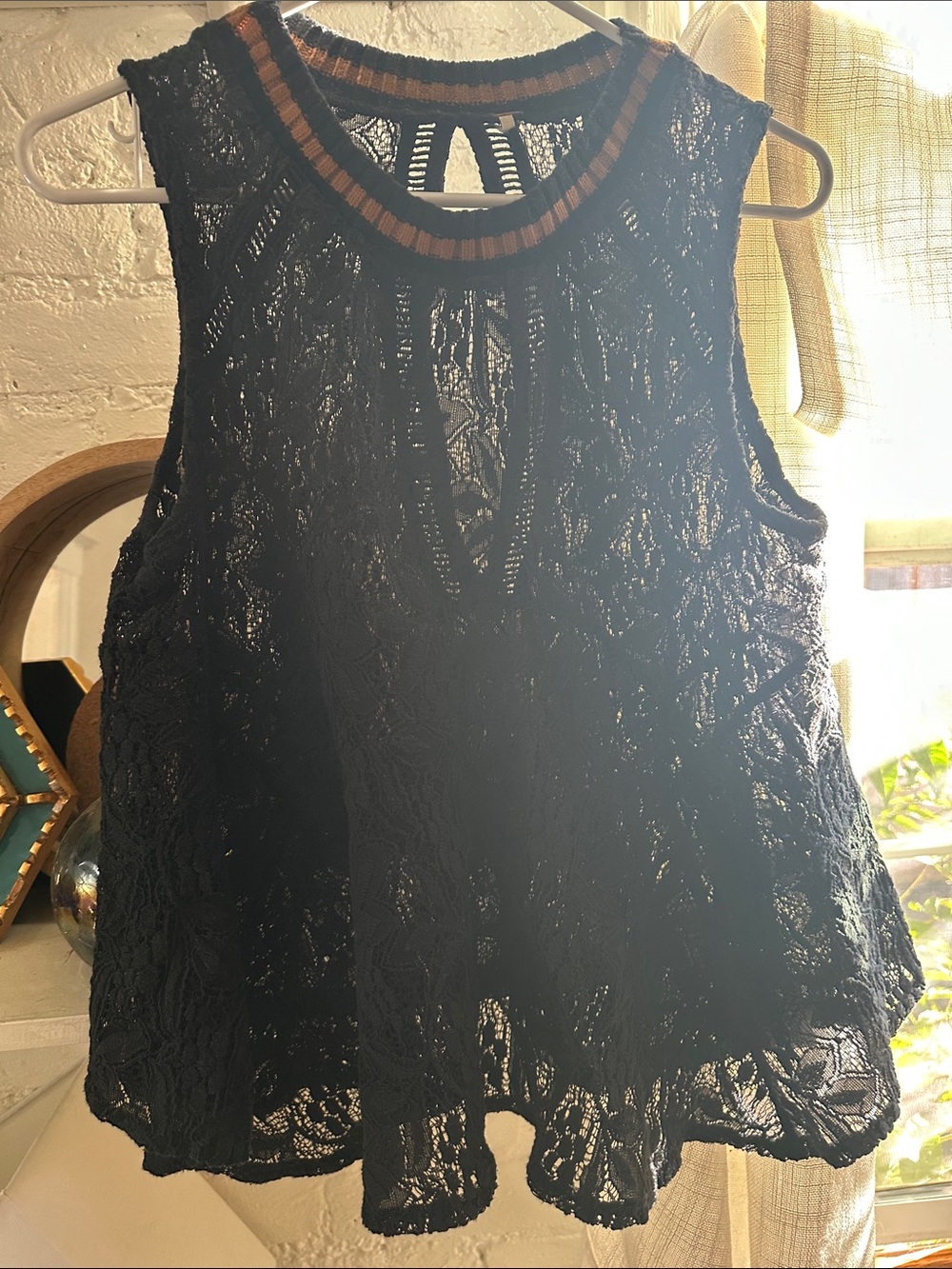 Free People Black Lace Sleeveless Top with Contrast Trim